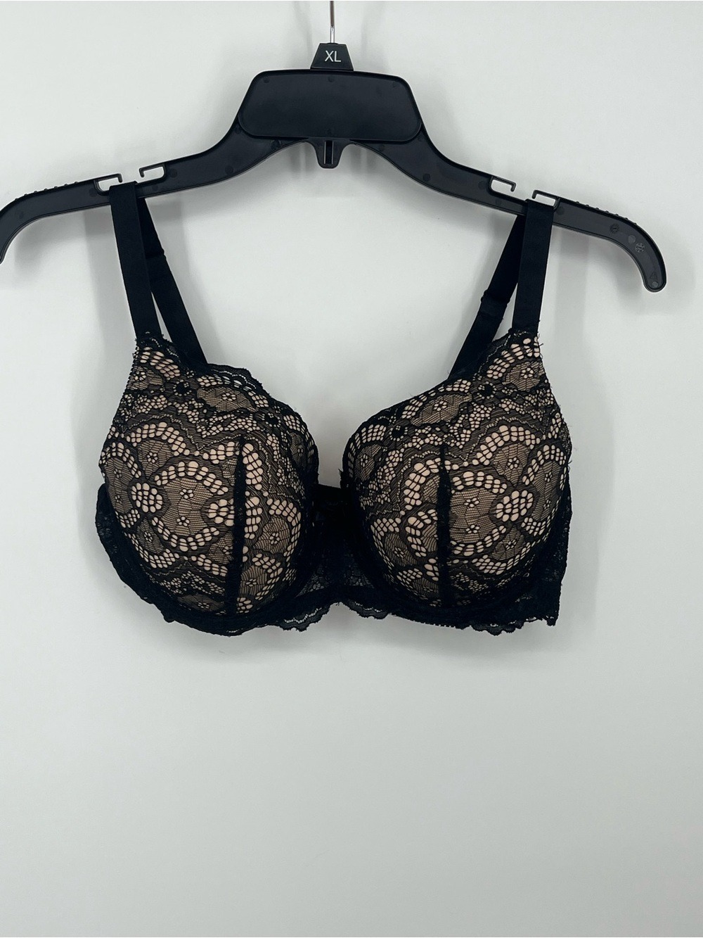 Curve Muse Padded Pushup Black Lace Underwire Bra with Nude Lining